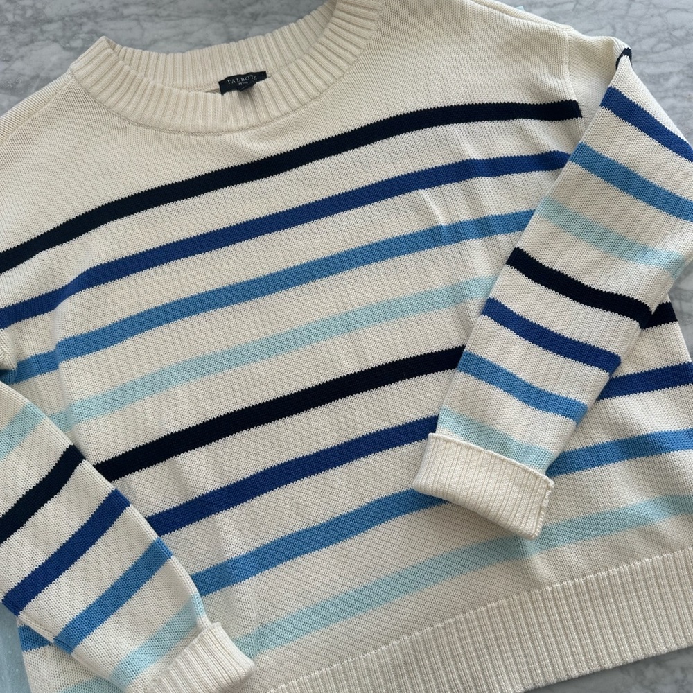 Talbots Cream and Blue Boxy 💯 Pima Cotton Striped Sweater - Picture 4 of 9